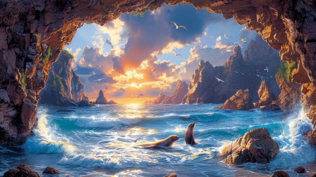 A scenic painting captures sea lions swimming in the ocean near a cave