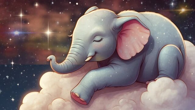 a baby elephant is sleeping on a starry cloud, seamless looping 4k animation video background 