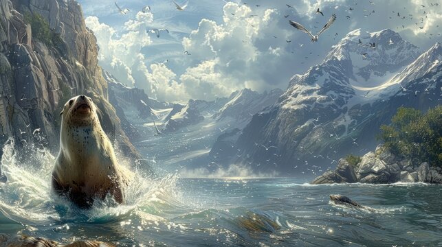 A seal leaps from the liquid canvas in the natural landscape painting