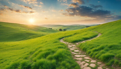 Serene Morning Walk on a Winding Path through a Green Hillside Pro Photo
 - obrazy, fototapety, plakaty