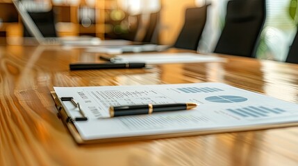 A focused shot of a meeting agenda and a pen on a polished conference table ready for a productive session - obrazy, fototapety, plakaty