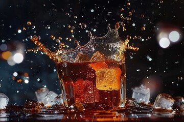 A high-speed capture of a cola splash with ice cubes and bubbles against a dark - obrazy, fototapety, plakaty