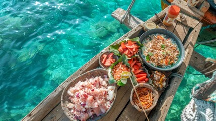 Fototapeta premium Ceviche preparation on wooden boat