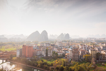 City buildings and mountains scenery in Guilin, Guangxi, China