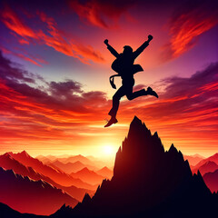 Businessman's Triumph on Mountain Peak