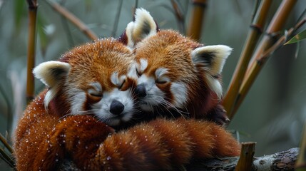 Two red pandas embrace in a tree in the lush jungle - Powered by Adobe