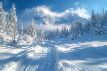 An enchanting snowy landscape showing the untouched beauty of snow-capped mountains and trees