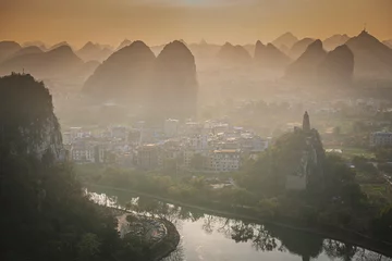 Cercles muraux Guilin Drone Sunset View of Guilin, Li River and Karst mountains, Guilin city