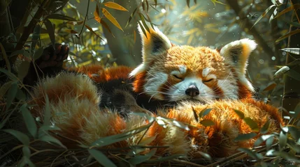 Foto op Plexiglas A carnivorous red panda sleeps peacefully in the forest biome with closed eyes © yuchen