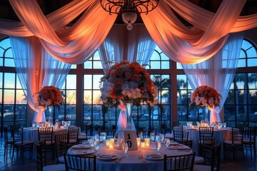 Evening event venue interior with dramatic lighting and luxurious floral centerpieces creating a romantic atmosphere