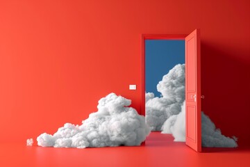 3d render, white clouds going through, flying out the open door, objects isolated on bright red background. Abstract metaphor, modern minimal concept, Generative AI 