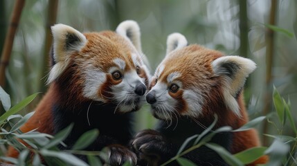 Two red pandas with fur and whiskers facing each other in a bamboo forest