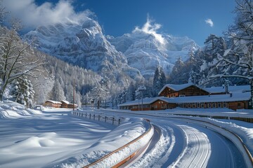 An idyllic winter scene of a snow-laden village nestled against towering mountains under a clear sky - Powered by Adobe