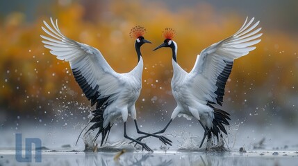 Two cranes with outstretched wings stand in water - obrazy, fototapety, plakaty