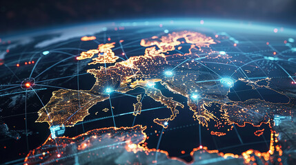 Digital world globe centered on Europe, concept of global network and connectivity on Earth, data transfer and cyber technology, information exchange and international telecommunication. Business map