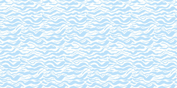 Tender grunge seamless pattern with ink hand drawn blue wavy sea brush strokes. Artistic light marine wave lines print for textile, wrapping paper, texture surface, wallpaper