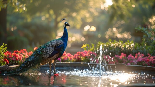a peacock is standing next to a fountain in a garden
