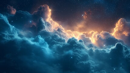 Black dark turquoise blue white night sky. Cloud star constellation galaxy nebula universe space dream fly sleep. Light moon glow twinkle. Fantasy, fantastic, epic. Wallpaper concept - obrazy, fototapety, plakaty
