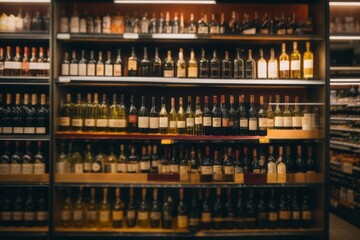 wine bottles on alcohol shelf in bar or liquor store - obrazy, fototapety, plakaty