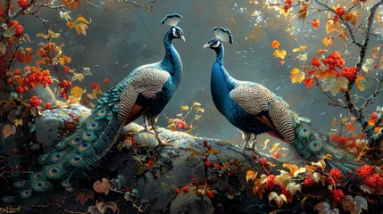 Gordijnen Two peacocks standing on a rock in a nature painting © yuchen