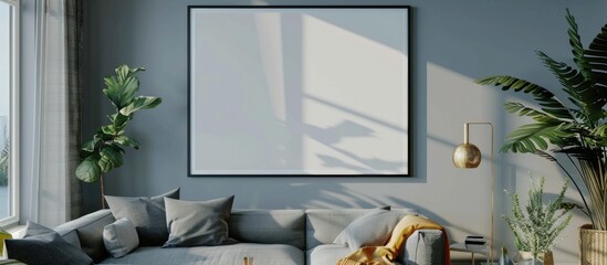 Modern Japandi interior design frame mockup with single vertical ISO A paper size on a reflective glass poster in living room. Apartment background.