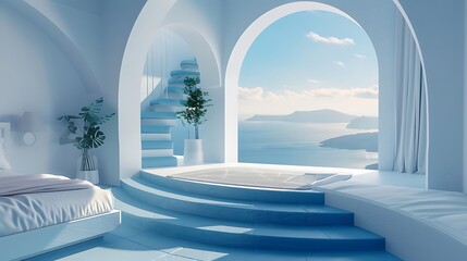 an AI rendering of a bedroom with blue steps, drawing inspiration
