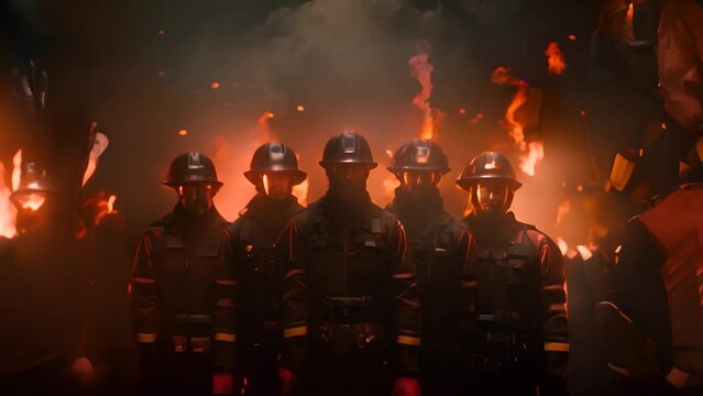 Group of Firefighters Standing in Front of a Raging Fire Generative AI