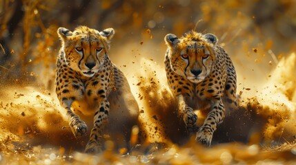 Two Felidae Carnivores, Cheetahs, running through the wild terrain