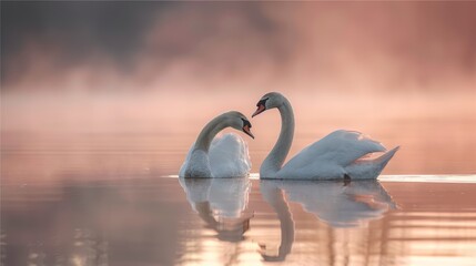 Two swans creating heart shape in lake with their beaks