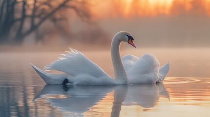 A swan gracefully glides through the liquid landscape of a lake at sunset