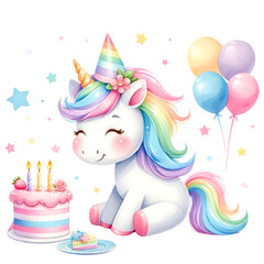 Naklejka premium A colorful collection of illustrated rainbow unicorns in various poses with party accessories, perfect for birthday themes and children's decor. , Whimsical Rainbow Unicorn Clipart Collection 