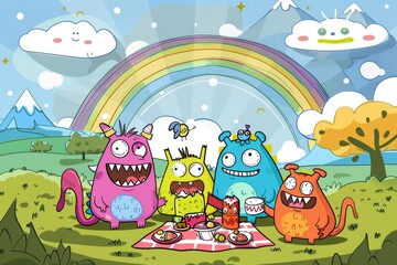 Cartoon cute doodles of a rainbow-colored monster family having a picnic in a sunny meadow, with a rainbow arching overhead, Generative AI