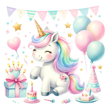 A colorful collection of illustrated rainbow unicorns in various poses with party accessories, perfect for birthday themes and children's decor.
, Whimsical Rainbow Unicorn Clipart Collection
