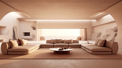 an AI-rendered image of a minimalist living room in Saudi Arabia, 