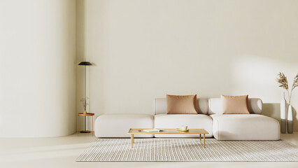 Minimalist living room interior with curvy wall, sofa with pillows and beige plasters walls....