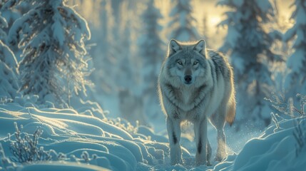A carnivore wolf roaming in snowy woods, under electric blue skies