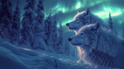 two wolves are standing in the snow looking at the aurora borealis