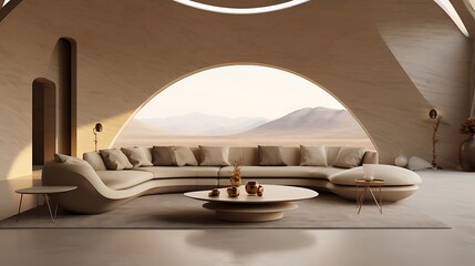 an AI-rendered image of a minimalist living room in Saudi Arabia - obrazy, fototapety, plakaty