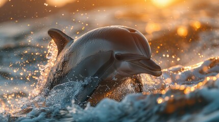 A marine mammal, dolphin, leaps out of the liquid, water, at sunset
