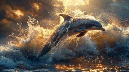 A dolphin leaps from the water, creating a stunning natural landscape event