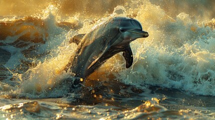 A marine mammal, the dolphin leaps from liquid water