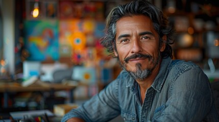 Casual artist in a denim shirt exudes charm and creativity in his vibrant art-filled studio