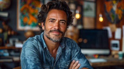 Fototapeta premium Confidently smiling, casually dressed man in denim sits in a workspace with creative background and laptop