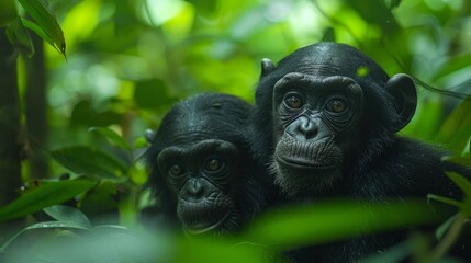 Two primate common chimpanzees sit beside each other in the jungle