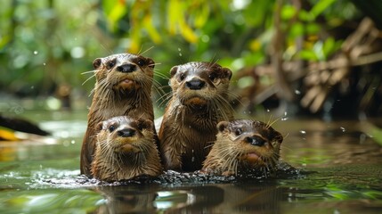 A group of otters with beakshaped snouts standing in the water