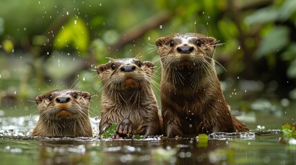 Three otters standing in liquid, gazing at the camera in their natural landscape