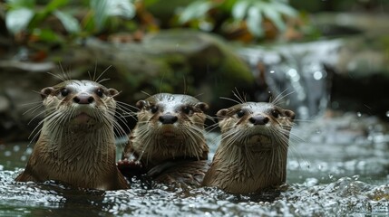 Three North American river otters swim together in the river