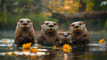 a family of otters are sitting in the water with flowers