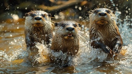 Three North American river otters running in the water