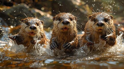 Three otters, carnivorous mustelidae, with whiskers and snouts, running in water